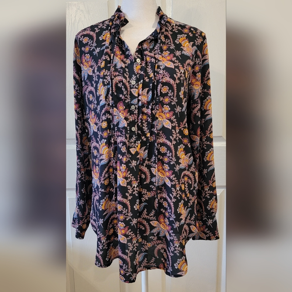Ann Taylor Loft Floral Ruffle Neck Front Tie Blouse Size Medium